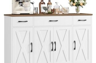 HOCSOK 140 cm Credenza Cucina, Mobile Cucina con 3 Cassetti e 4 Armadi, Buffet Mobile Moderno, Credenza Soggiorno, Mobile per Cucina Ingresso Foyer, Sala da Pranzo (Bianco +Marrone)