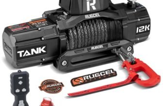 RUGCEL Argano Elettrico 12000lb/5443 kg Verricello per Camion 12 V CC con Cavo in Acciaio Φ1,0 cm x 26, m di Corda Sintetica, Passacavo,Telecomando Senza filI e Cablato, Traino Fuoristrada SUV Jeep