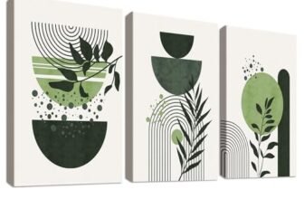 3 Pcs boho verde salvia Stampa su tela Con Cornice Linea geometrica minimalista Foglia Pittura Quadri su tela Quadri Moderni Camera da Letto Soggiorno Decorazioni Murale 150x70cm(20″x28″x3pcs)