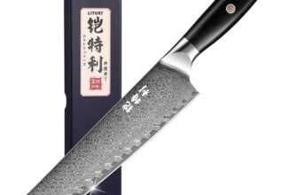 Kitory Coltello Kiritsuke in Acciaio Damasco a 73 strati, Coltello da Cucina 20cm, Manico ergonomico in legno Pakkawood con confezione regalo – Serie Damasco professionale