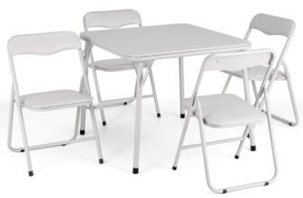 RBFGYIOP Set Tavolo e Sedie Pieghevoli Per Bambini – 1 Tavolo + 4 Sedie in Ferro+PU+Legno, Cuscini Imbottiti, Spazio Contenitore, Portatile Per Gioco e Viaggio
