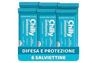 Chilly Salviettine con Antibatterico, Salviette per l’Igiene Intima, Azione di Difesa, Tessuto 100 % Biodegradabile, Ottimi Fuori Casa, PH 5, Clinicamente Testato, Confezione da 6 Pezzi