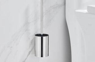 DUFU Scopino per Bagno, Set Scovolino WC con Manico in Acciaio Inox, Portaspazzolone a Parete Autoadesivo Trasparente, 2 Testine Morbide, Colore Argento