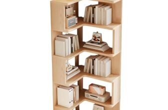 JFOZDM 5 livelli Libreria Angolare, Libreria d’angolo, Legno libreria a L, Libreria da Parete, Risparmia Spazio, Scaffale Angolare per soggiorno, camera da letto, ufficio, studio, Colore del Legno