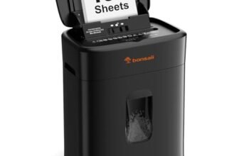 Bonsaii Distruggidocumenti, taglio micro-particellare P4, alimentazione automatica fino a 100 fogli, sistema anti-intasamento, 30 min continuo, contenitore da 16L – Per ufficio e casa, C231-D