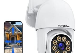 Topodome Telecamera Wi-Fi Esterno/Interno 1080P, Videocamera Sorveglianza WiFi Con Rilevazione Umana, PTZ 360 Gradi Auto Tacking, Visione Notturna Infrarossa e Color 25m, Audio Bidirezionale IP66