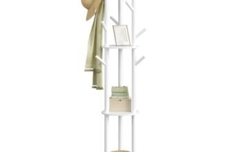 VASAGLE Attaccapanni da Terra, Appendiabiti con 11 Ganci e 3 Ripiani, 4 Ruote Girevoli a 360° e Rimovibili, Ganci e Pali in Legno, per Ingresso Camera da Letto Salotto, Bianco Nuvola RCR023W01