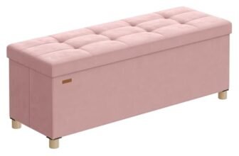 SONGMICS Pouf Contenitore, Cassapanca Pieghevole, 38 x 110 x 40 cm, Sgabello Poggiapiedi, 112 L, Superficie in Velluto, per Camera da Letto Soggiorno, Rosa Pastello LSF0518R02