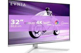 Philips Monitor 32M2N8900 31.5 pollici 3840×2160, UHD, 240Hz, QD-OLED Panel, 0.03ms GtG, USB-C Speakers (HDMI2x 2.1 DP 1x 1.4) Adaptive Sync, HDR400 TrueBlack, FreeSync Prem. Pro, G-Sync Comp, Argento