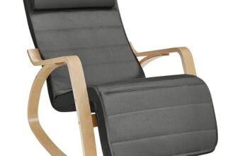 SONGMICS Sedia a Dondolo con Braccioli in Legno di Betulla, Poltrona a Dondolo con Poggiapiedi Regolabile in 5 Posizioni, Max Portata 150 kg, Soggiorno Cameretta, Grigio Scuro LYY10G