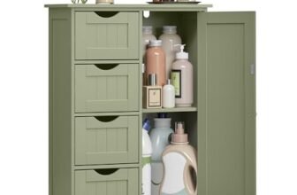 VASAGLE Mobile da Bagno, Mobiletto per Bagno Stretto, Organizzatore, Cassettiera, con 4 Cassetti, Anta, Ripiano Regolabile, 30 x 55 x 82 cm, Verde Foresta LHC041C02