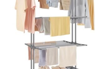 SONGMICS Stendibiancheria, Stendino Pieghevole a 4 Livelli, con Ruote e Ali Richiudibili, 63,5 x 125,5 x 173 cm, Capiente, Uso Interno ed Esterno, Grigio Tortora LLR703G01