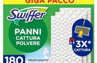 Swiffer Panni Cattura Polvere, 180 Panni Microfibra Dry, Cattura Polvere e Sporco, Ottimo per Tutti i Tipi di Pavimenti e per i Peli di Animali, Giga Formato