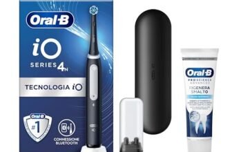 Oral-B Spazzolino Elettrico Ricaricabile iO 4 Nero, 1 Testina Di Ricambio, 1 Custodia Da Viaggio +Dentifricio Pro-Science Advanced Rigenera Smalto 75ml. 1 Spazzolino