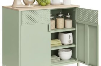 SONGMICS Mobiletto Contenitore, Credenza in Metallo, Doppia Anta con Chiusura Magnetica, Ripiani Regolabili, Struttura in Acciaio, 40 x 80 x 76 cm, Verde Alloro e Rovere Naturale LSC102C01