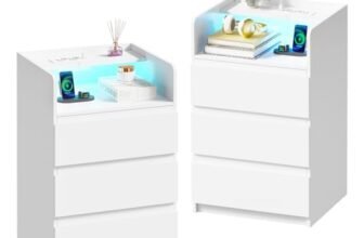 ANWBROAD Comodino Con Presa Elettrica Illuminazione a Striscia LED,3 Cassetti e 1 Ripiano Comodino Moderno Tavolino Tavolino da Camera da Letto Tavolino da Salotto (2, Bianco) BNS014W