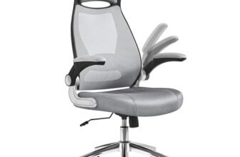 SONGMICS Sedia da Ufficio, Poltrona Girevole, con Braccioli Ribaltabili, Poggiatesta e Supporto Lombare, Inclinazione ad Oscillamento, Superficie in Rete, Grigio Tortora OBN86G01