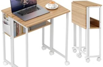 HOMCOM Scrivania Salvaspazio Pieghevole a Ribalta, 63x50x75 cm Scrivania Piccola con Ruote a Freno, Scaffale e Tasca Portaoggetti, Tavolo Computer Richiudibile per Casa, Studio e Ufficio, Color Legno