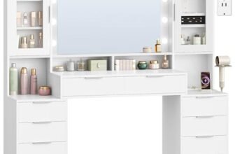 Hzuaneri 150 cm Postazione Trucco, 11 Luce LED, 3 Colori, Luminosità Regolabile, Presa di Corrente, 10 Cassettos, Deposito di gioielli, Ampia Capacità di Archiviazione, Bianco-Argento DT43703XEU