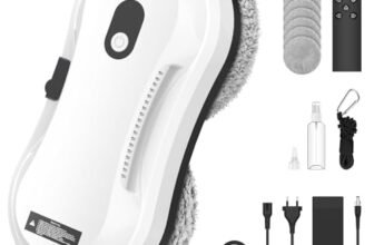 IERAKOR Robot Lavavetri, Lavavetri Elettrico per Finestre con Spray d’Acqua Automatico, Telecomando, Sistema UPS, Navigazione Intelligente, Funzione di Rilevamento dei Bordi, 10 Panni in Microfibra