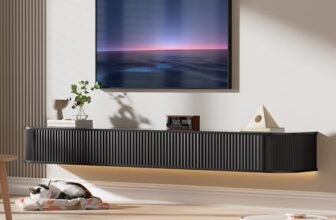 PURFINO Mobile TV Sospeso con Luce LED – Mobile TV a Parete da 140CM con Archiviazione Migliorata & Bordi Arrotondati, Consolle Multimediale TV Moderna per TV da 55-65 Pollici