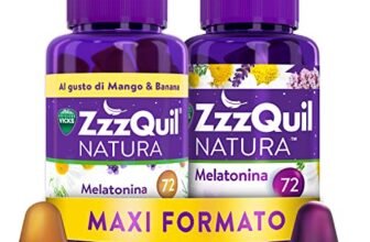 ZzzQuil Natura, MELATONINA per DORMIRE, INTEGRATORE con MELATONINA pura ed Estratti di Valeriana, Camomilla e Lavanda, MAXI FORMATO 2×72 Pastiglie Gommose, Gusto MISTO, FRUTTI DI BOSCO e MANGO BANANA