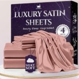 SLEEP SANCTUARY Satin Sheets King Size – 4 Piece Luxury Silky Bed Set, Softer Than Silk, 15″ Deep Pocket, Cooling & Wrinkle-Free, Moisture-Wicking & Breathable for Hair & Skin (Blush Pink)