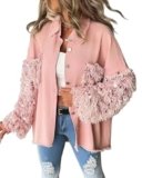 CHICME Womens Casual Jacket Contrast Sequin Tassel Design Fuzzy Patchwork Shacket Fall Outfit Pink-XL