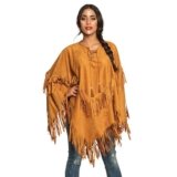Boland 44095 – Poncho indiano, marrone, taglia unica per adulti, mantello in pelle con frange e perline, capo, cowboy, squaw, carnevale, festa in maschera, Halloween, festa a tema