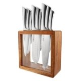 Cuisine::pro Damashiro Knife Block (Hiryu, 10-Piece Set) – Premium Japanese Steel Knife Set with Acacia Wood Block & Tempered Glass Window – Damascus-Inspired Blade