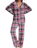 Ekouaer Womens Pajamas Set 2 Piece Button Down Pjs Soft Long Sleeve Top and Pants Sleepwear Set Lounge Sets Black Red Plaid L