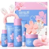 QUIYUM Set Viso Sakura Collagen, Kit Skincare Completo Donna, Routine Glass Skin, Set Regalo da 8 Pezzi per la Cura della Pelle, Idratante, Rassodante, Illuminante