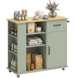 HOMCOM Carrello Cucina con 5 Ruote, Isola Cucina con Ante Soft-Close, Cassetto, Portasciugamani, 3 Portaspezie, 3 Scaffali Aperti e Ripiano Regolabile, Multiuso Salvaspazio, 96.5x38x87 cm, Verde