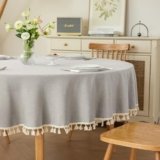 hometrixx Tovaglia Rotonda Ø160cm – Tela Cotone-Lino Impermeabile Anti-Macchia con Frange (Cachi)