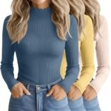 Oakgarden 3 Pack Women’s Cotton Long Sleeve Mock Turtleneck Tops Ribbed Lettuce Trim Slim Fit Shirts Thermal Base Layer(Lake Blue, Yellow, Cream,Large)