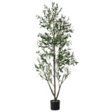 Olive Trees Artificial Indoor, 6FT Tall Faux Olive Tree with Lights Moss and Planter, Artificial Plants Indoor with Natural Wood Trunk and Lifelike Fruits, Fake Tree for Home Office Living Room Decor