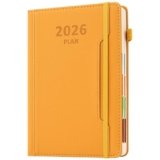 Agenda accademica 2026, formato A5, brand agenda con copertina rigida, portapenne, tasca frontale, linguetta mensile colorata, chiusura