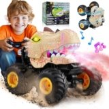 BEZGAR Monster Truck Toys – Remote Control Monster Truck with Spray, Light, Music, Dinosaur Toys for Kids, 1:20 Scale RC Truck with 360° Spins and Drifting, Remote Control Car for Boys 4-7 Golden