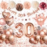 30 Anni Compleanno Donna,Palloncini 30 Anni Compleanno Oro Rosa, Decorazioni Compleanno 30 Anni con Palloncini Cuori e Corone, Striscione Happy 30th Birthday, Pompon di Carta, Decorazioni Festa Donna