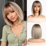 Esmee Parrucche Bob Corte Lisce Biondo Con Frangia Parrucca alla Lunghezza delle Spalle Sintetiche Ombre per Cosplay Uso Quotidiano & Party