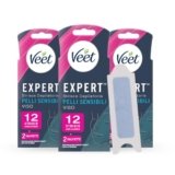 Veet Expert Strisce Depilatorie Viso, Ceretta per Pelli Sensibili con Olio di Mandorla, Dermatologicamente Testate, 3 confezioni da 6×2 strisce + 6 Salviette Post-Epilazione con Olio D’Argan
