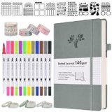 Bullet Dotted Journal Kit, 140gsm No Bleed A5 Dotted Bullet Grid Journal Set with 188 Pages, 10 Stencils, 14 Washi Tape, 12 Brush Pens Dual Tip, Journaling Supplies for Diary Schedule Planner, Gray
