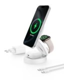 Belkin BoostCharge Caricatore Wireless Compatibile con MagSafe, Stazione di Ricarica wireless 3 in 1, Qi2 15 W per iPhone 17, Air, Apple Watch, AirPods, Pixelsnap, alimentatore da 36W – Bianco