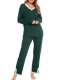 Lovasy Pigiama Donna Cotone Lungo Pigiama Due Pezzi Invernali Caldo a Maniche Lunghe con Scollo a V in Pizzo Sexy Lungo Pantaloni con Tasche S-XXL,Verde,XL