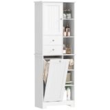 HOMCOM Mobile Bagno Alto Stretto, Mobiletto Bagno Salvaspazio con Cesto Portabiancheria a Ribalta, Armadietto Ante Soft Close, 2 Cassetti, 6 Scomparti Aperti, per Lavanderia, 60×28.8×171 cm, Bianco