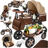 KESSER® Carrozzina 3in1 Loops, Carrozzina Combinata con navicella, Seggiolino sportivo, Seggiolino auto, Borsa Fasciatoio, Parapioggia, Tavolino per Bambini, Marrone/Champagne