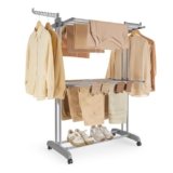 SONGMICS Stendibiancheria, Stendino Pieghevole a 3 Livelli, con Ruote e Ali Richiudibili, 63,5 x 128 x 148 cm, Capiente, Uso Interno ed Esterno, Grigio Tortora LLR702G01