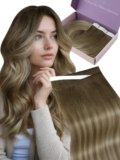 Fshine Extension Biadesive Capelli Veri Genius PU Extension Capelli Veri Biadesivo Lisci 45 cm 50 g 1 pc Castano Scuro con Meches Biondo Chiaro Extensions Biadesive Umani Compleanno 3 8 22