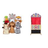 Melissa & Doug Safari Buddies Hand Puppets Set of 6 (Elephant, Tiger, Parrot, Giraffe, Monkey, Zebra) with Deluxe Wooden Puppet Theater