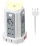 2 M Ciabatta Elettrica Multipresa con Luce Notturna 12 Prese Universali 10/16A ITA e Schuko e 3 USB A+1 USB C Protezione Sovratensione con 4 Interruttori Indipendenti per L’ufficio, La casa